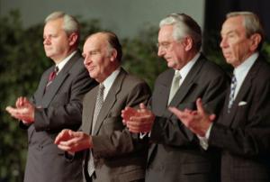 Slobodan Milošević, Alija Izetbegović, Franjo Tuđman and U.S. Secretary of State Warren Christopher, Wright-Patterson Air Force Base in Dayton, Ohio - Nov. 21, 1995., AP Photo/Joe Marquette, File